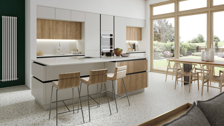 A white and wood kitchen with brown wood kitchen doors