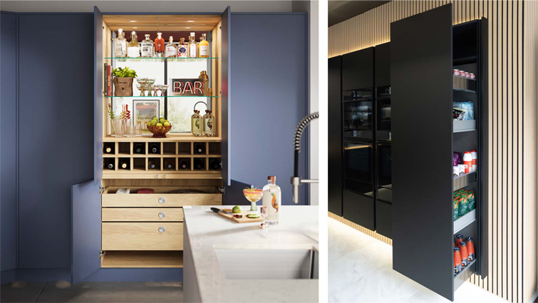 Desert modern kitchen storage examples, including a bar unit and sliding larder