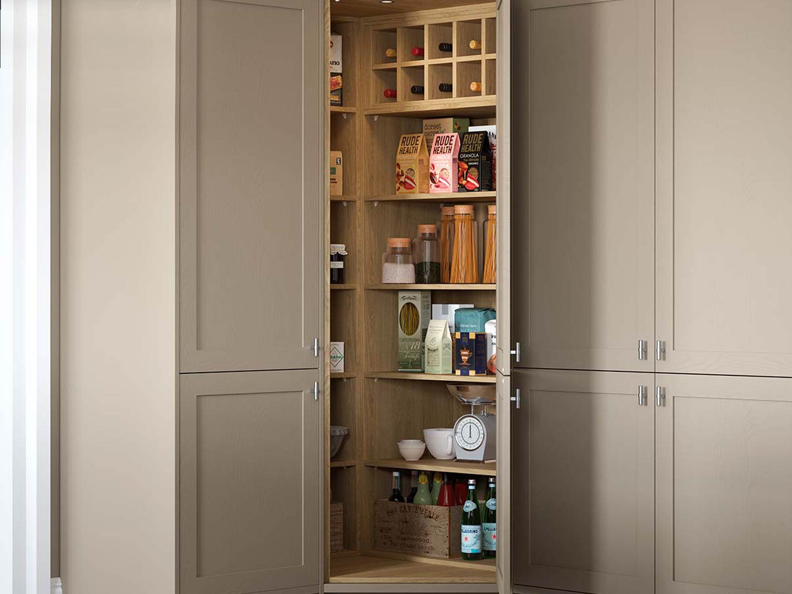 Corner kitchen pantry full of pantry food shelves and a wine rack