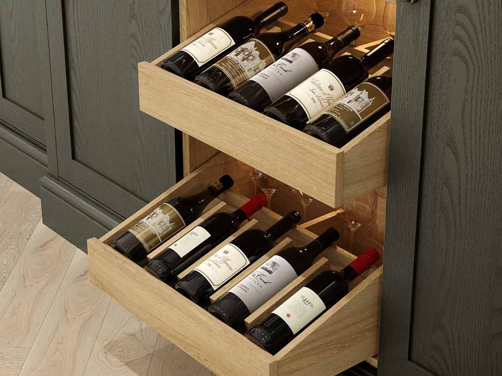 Two kitchen wine racks built into a wine drawer
