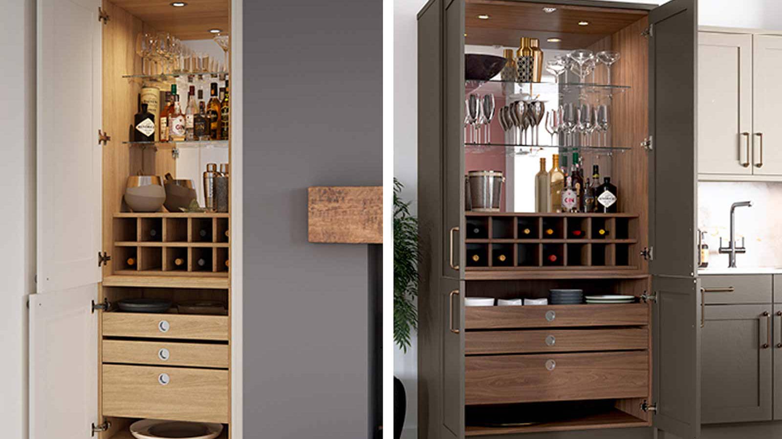 Wine storage cabinets with wine glass shelves for drink storage