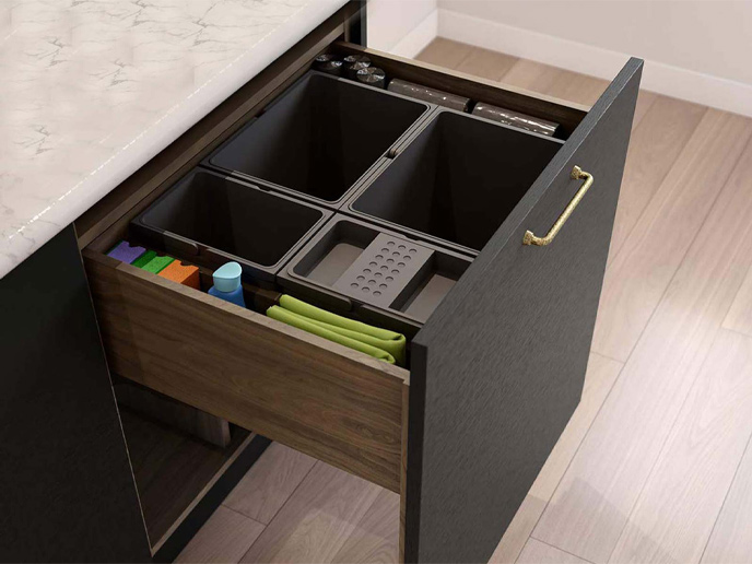 A dark kitchen bin with four compartments and a blue door