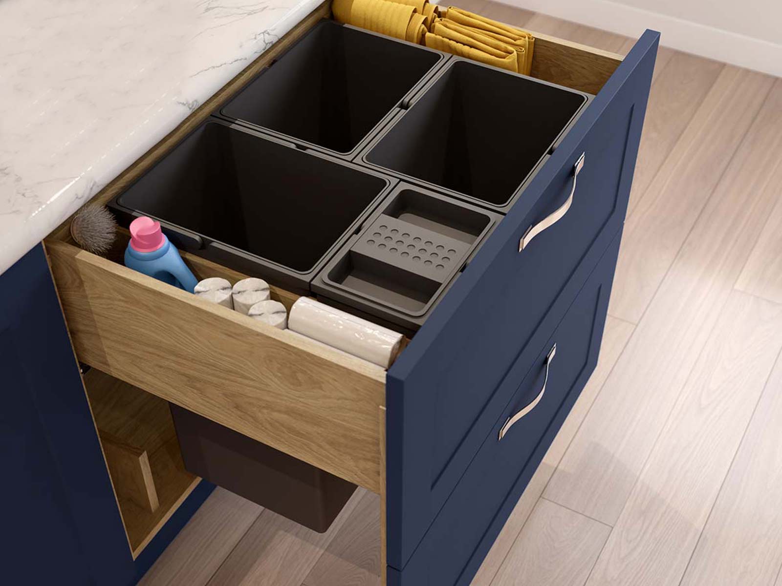 A dark kitchen bin with four compartments and a blue door