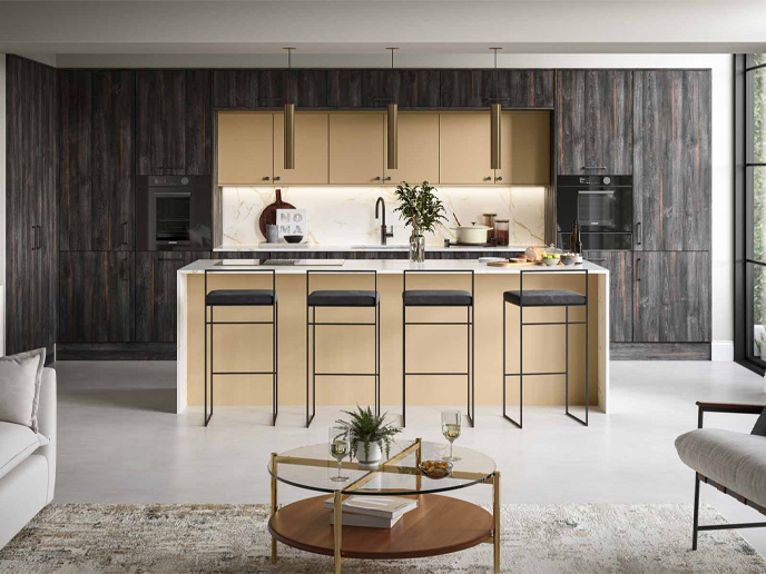 A typical ultra-modern kitchen 2026 has to offer, with warm colours and wood