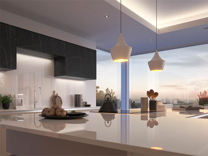 A grey handleless kitchen with kitchen doors without handles