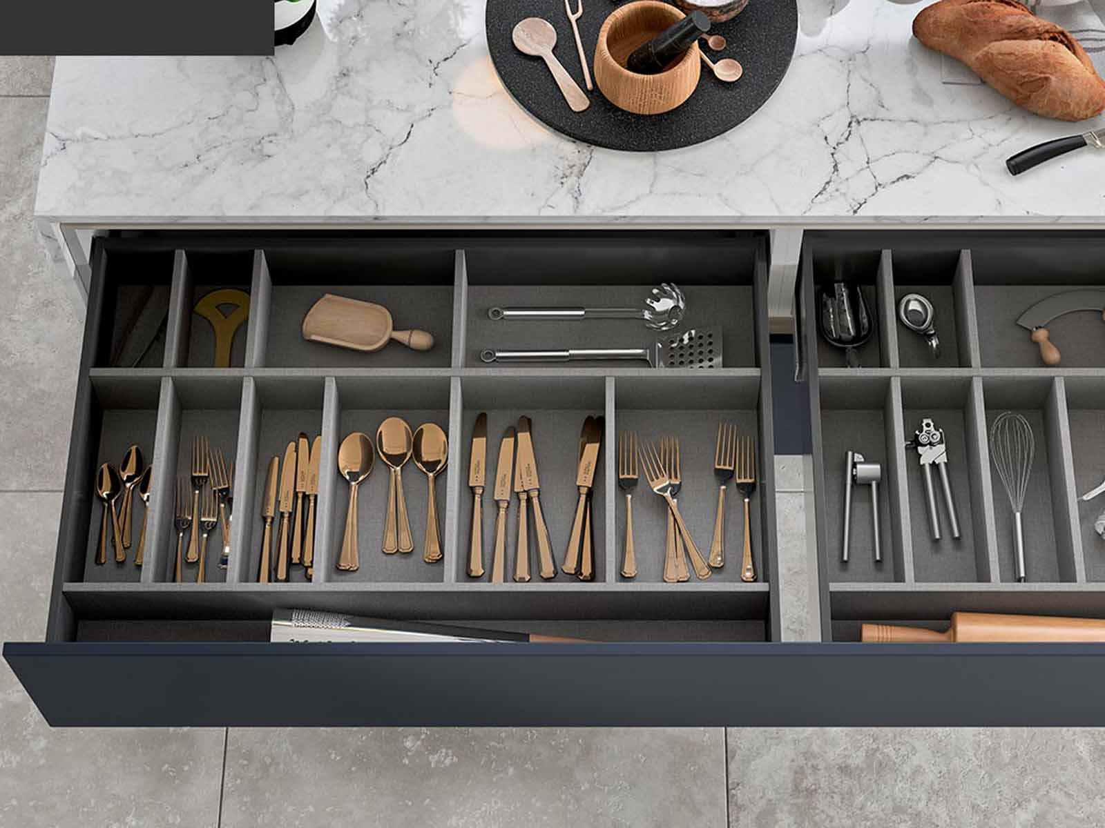 Minimalist kitchen drawers with handmade, wood-effect partitions