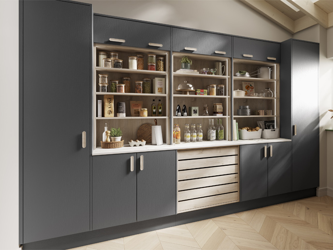 A kitchen decorative shelf wall with coordinated drawers and handles