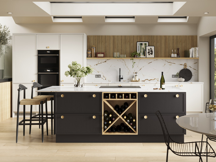 A kitchen with oak-effect kitchen cabinets and a kitchen acoustic panel