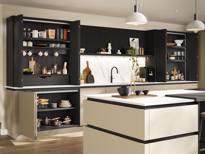 Coordinated wood stains shown in a modern kitchen with black wood dressers