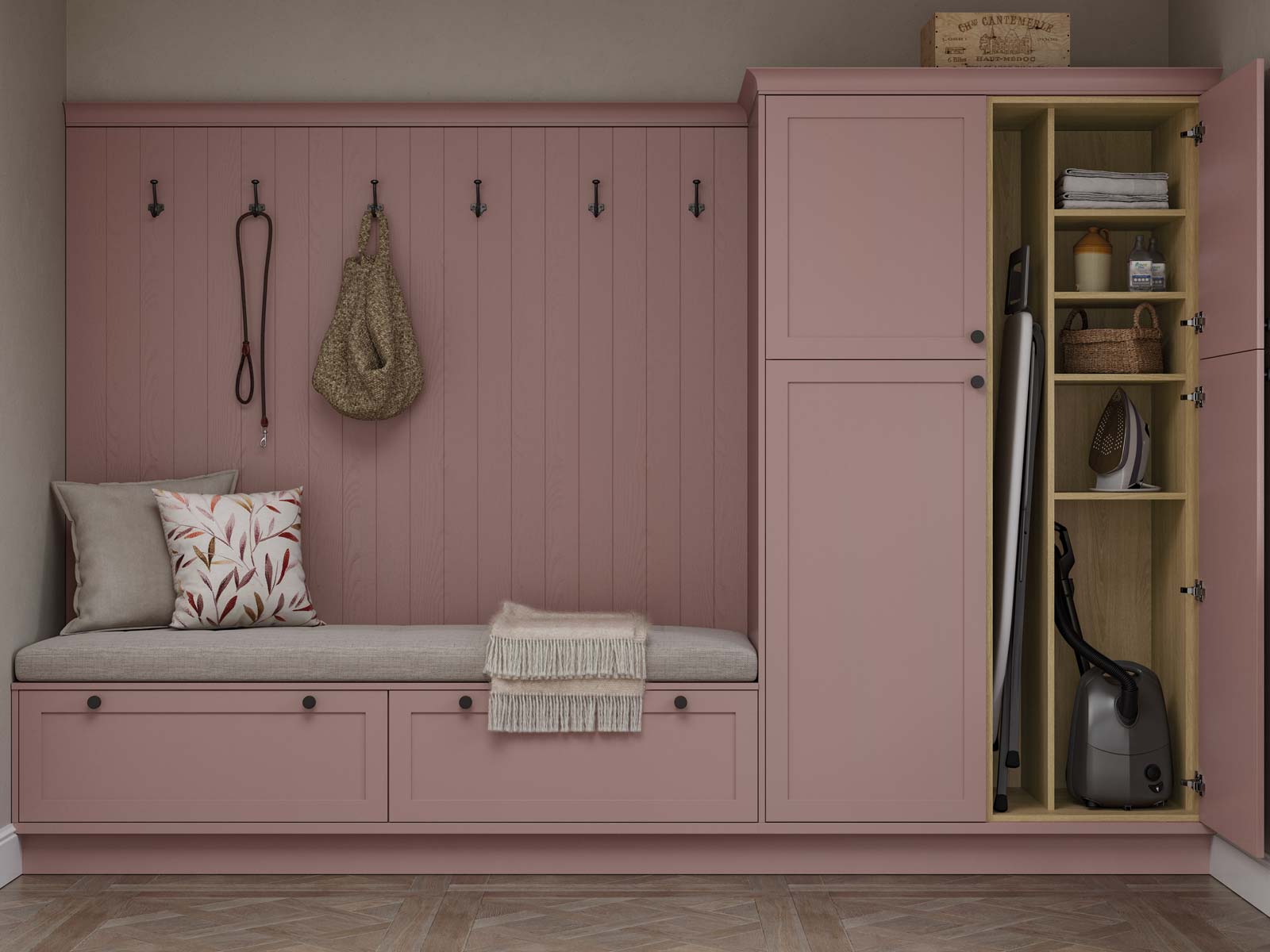 Boot room seat in pink and laundry room cupboard with divider