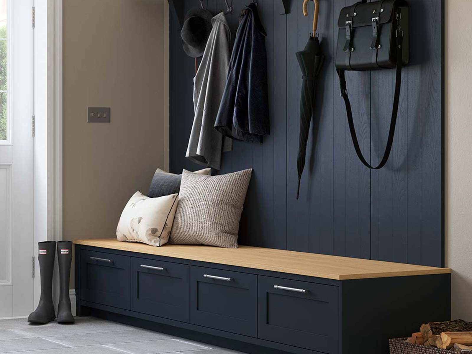 Utility room chair and clothes hangars in dark blue and oak