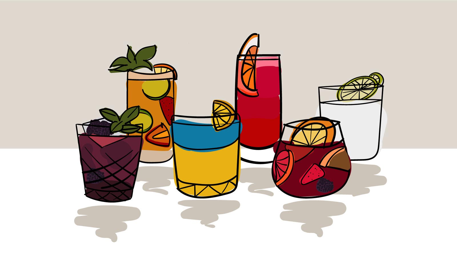Glastonbury-themed cocktails in various glass shapes