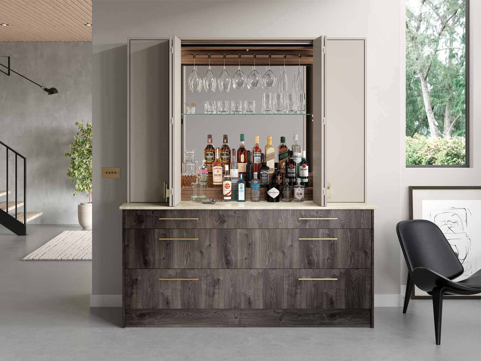Bar dresser full of bottles and a hanging wine rack in dark Tuscan walnut