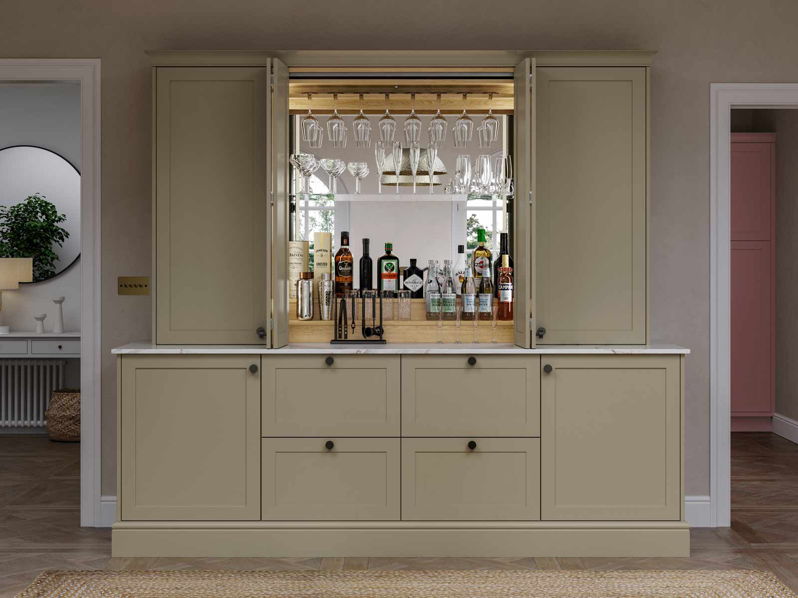 Bar kitchen dresser with mirrored shelves, internal lighting and Portland oak