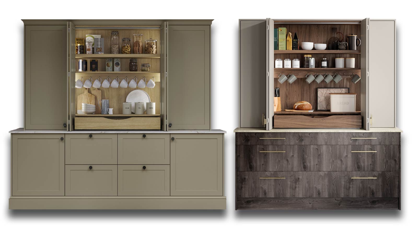 Breakfast dresser variations in light Portland oak and dark Tuscan walnut