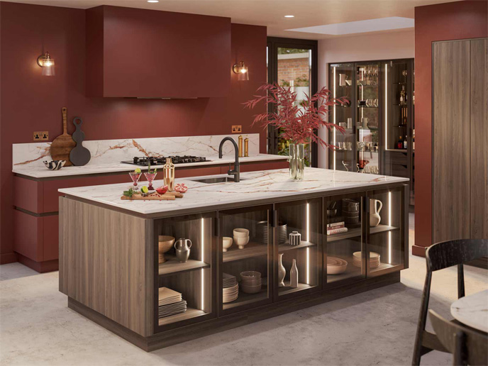 A high-end modern kitchen with red doors and dark wood