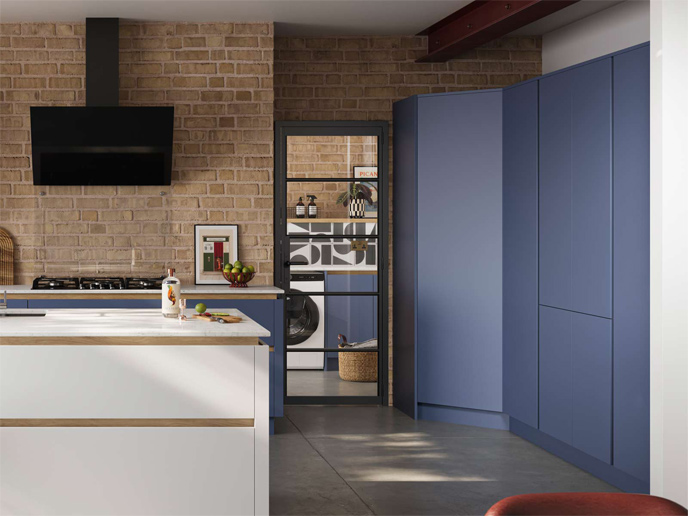 High-end modern kitchen cabinets with white and blue doors
