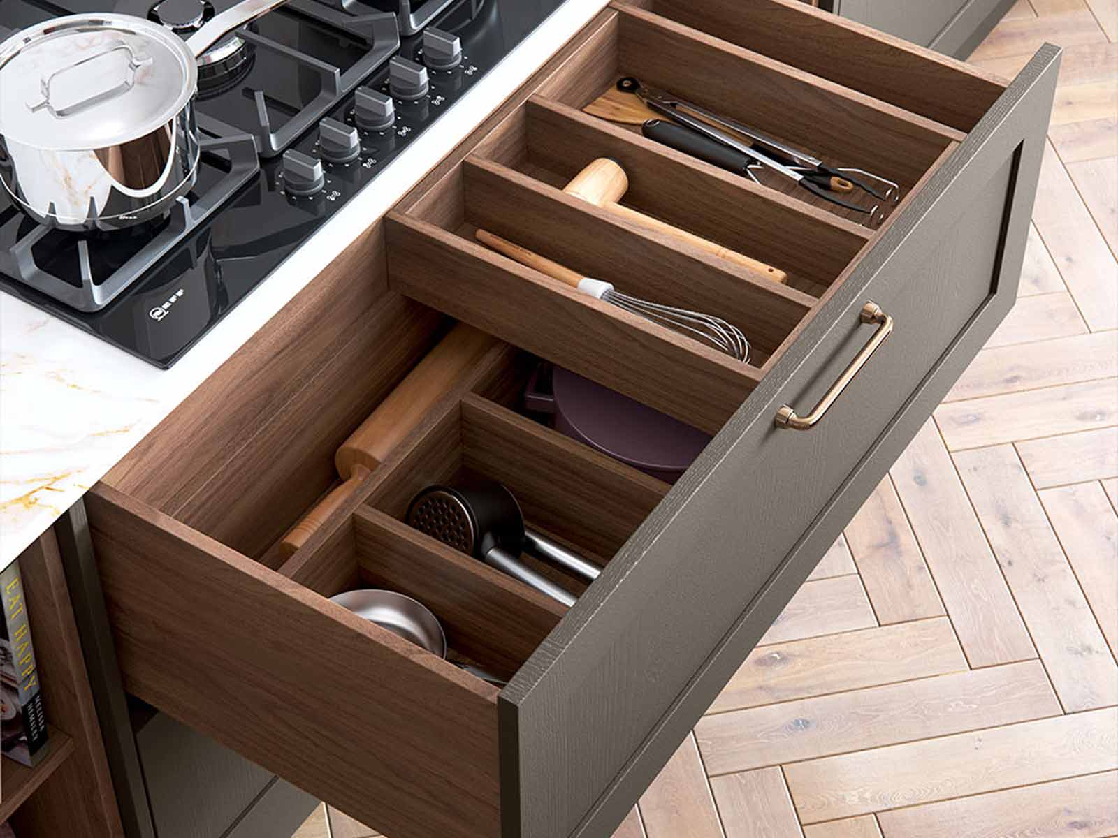 Kitchen drawer unit with wooden cutlery tray in dark Tuscan walnut wood