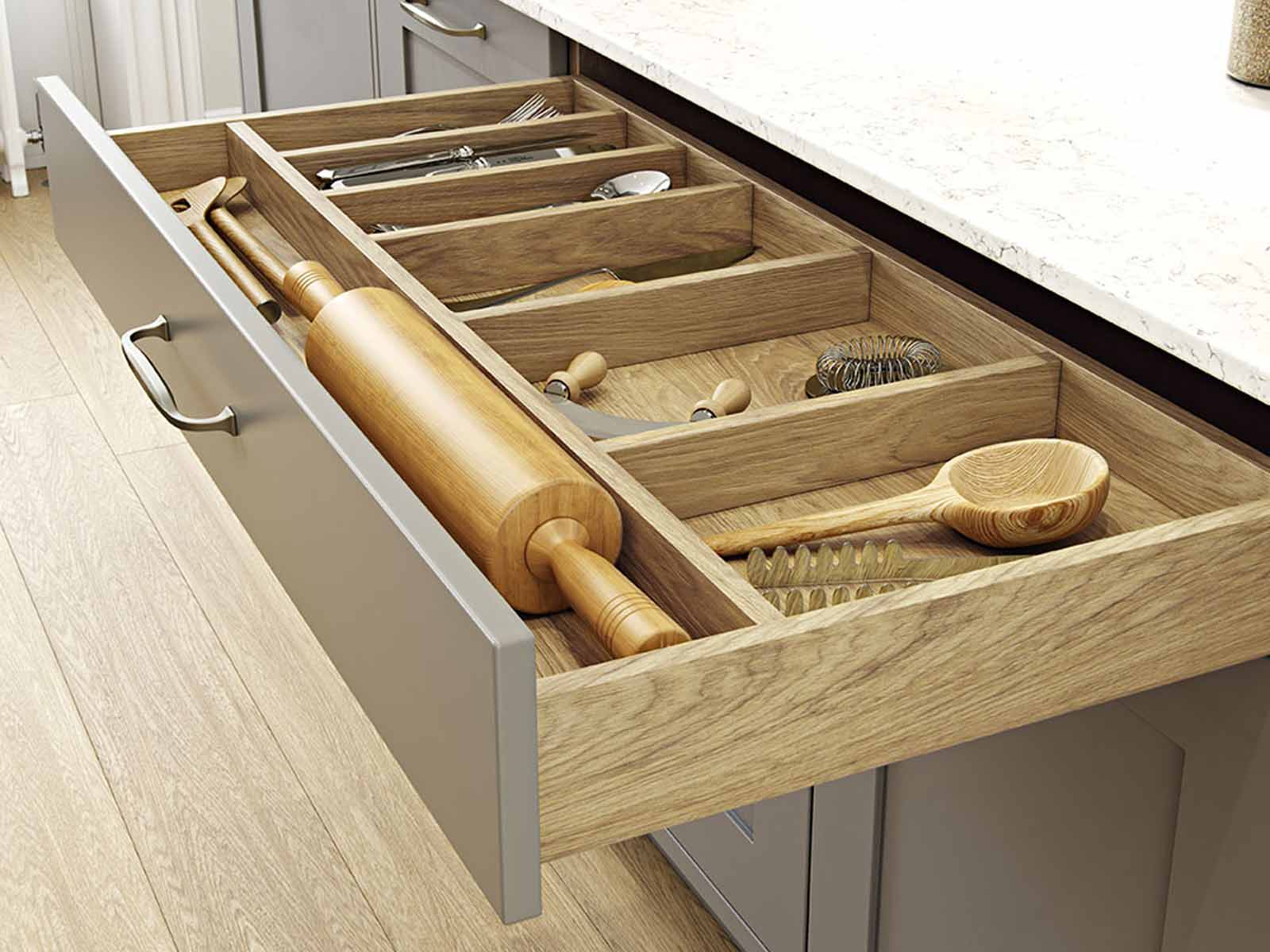 Wood kitchen drawer with cutlery drawer organiser in light Portland oak timber