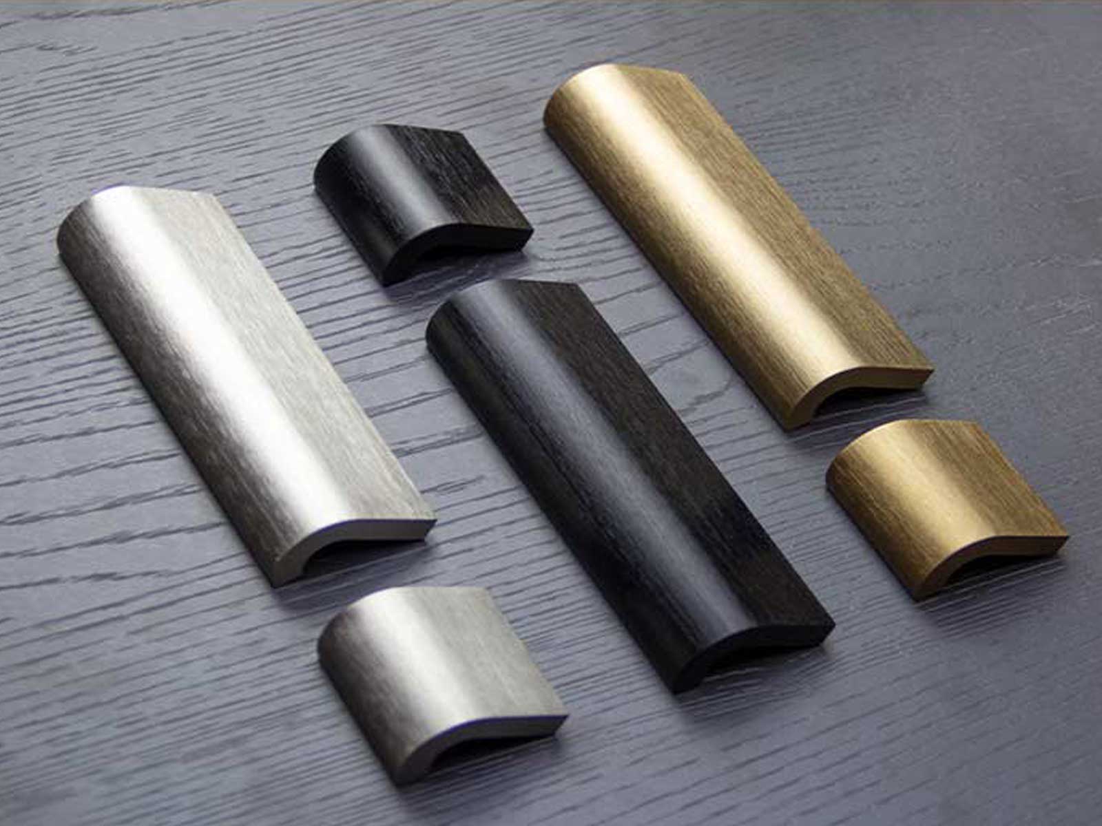 Modern kitchen cabinet handles with brushed metallic finish