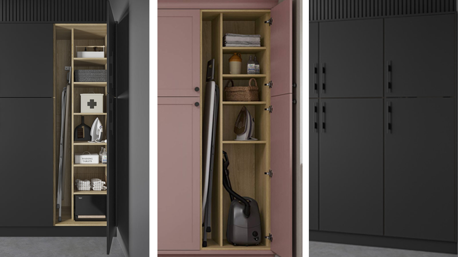 Black and pink laundry room utility closets with Portland Oak dividers