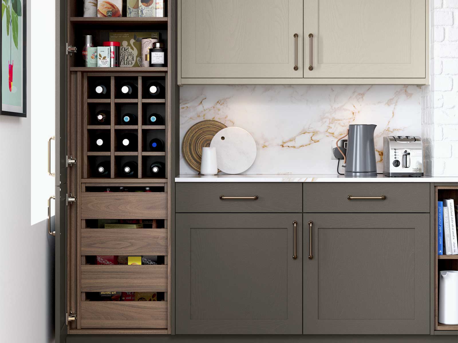 Tuscan Walnut pantry with a Hardwick New Forest and Highland Stone Kitchen