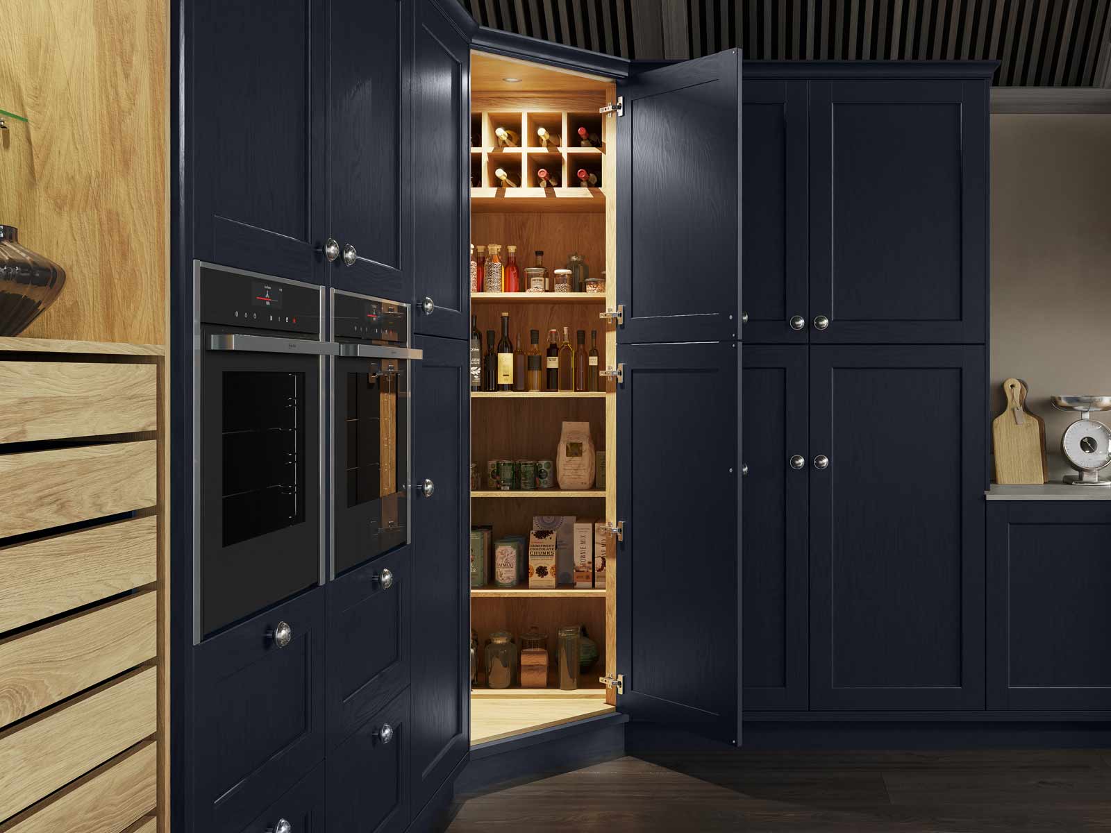 Corner kitchen pantry storage cabinets demonstrating pantry organisation