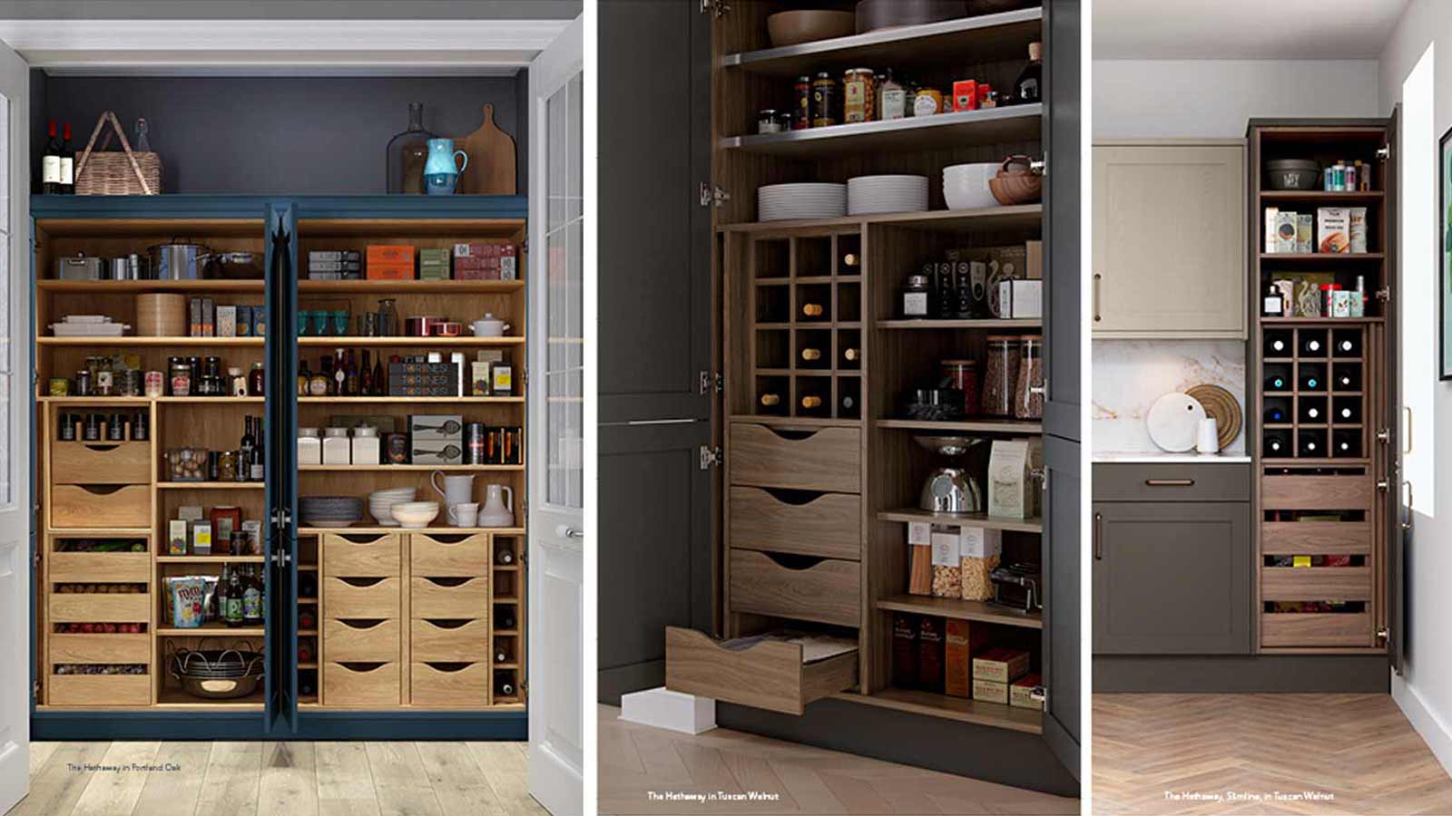 Kitchen storage cabinets containing a pantries with shelves and a pantry doors