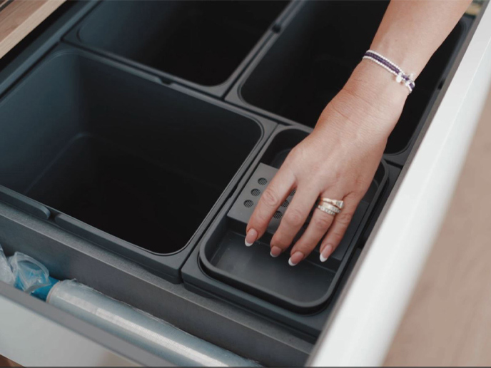 Integrated kitchen bin for recycling and food storage containers