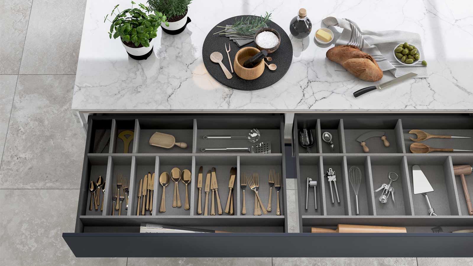 Kitchen drawers with extra wide and deep capacity in a modern kitchen