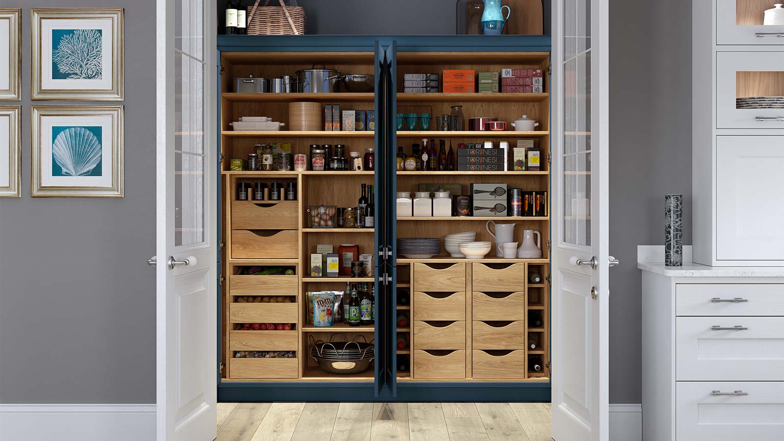Walk-in pantry cupboard used as food storage cabinet