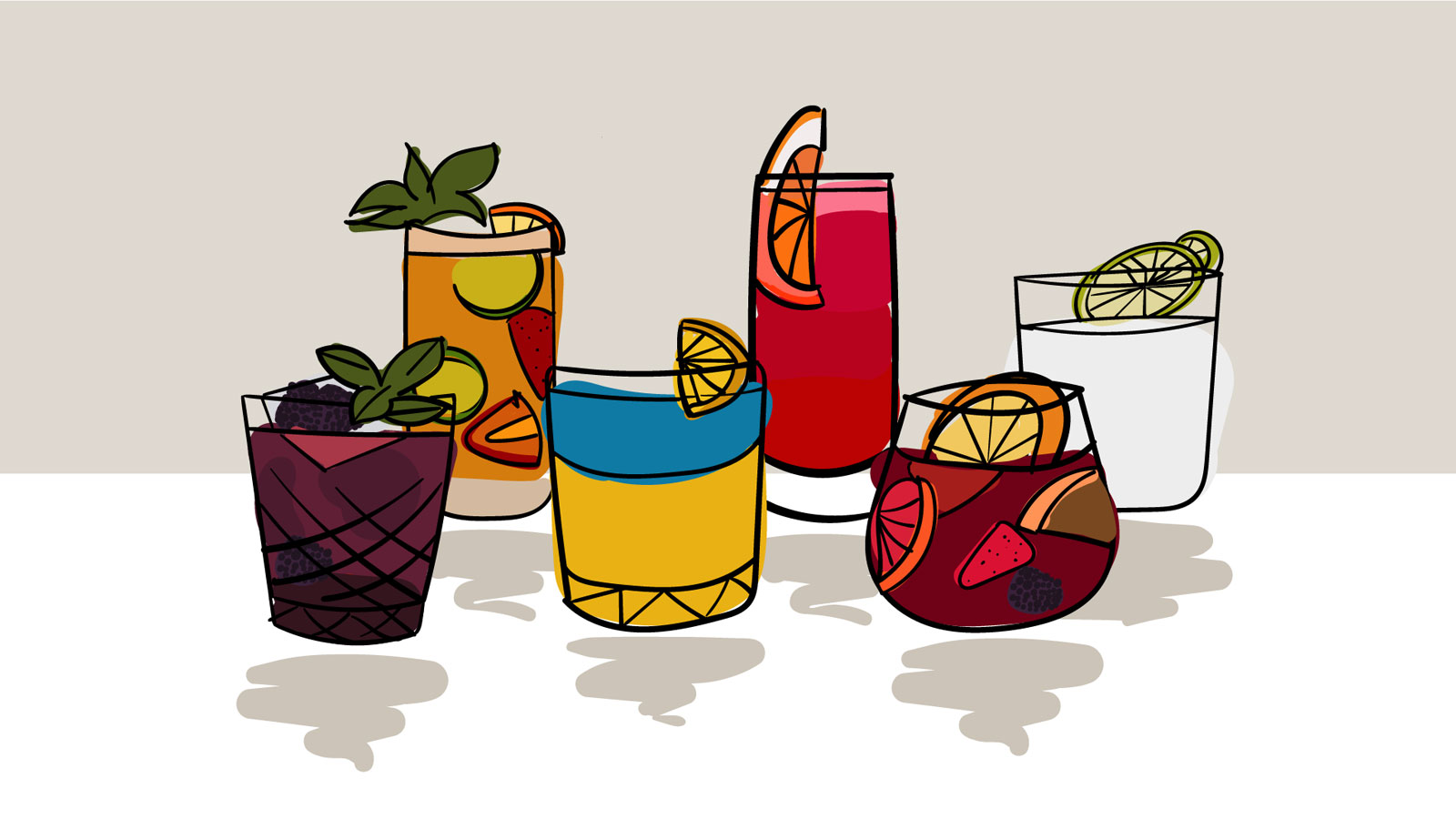 Five abstract cocktails including a Swedish Mule, Sangria and Pimm’s