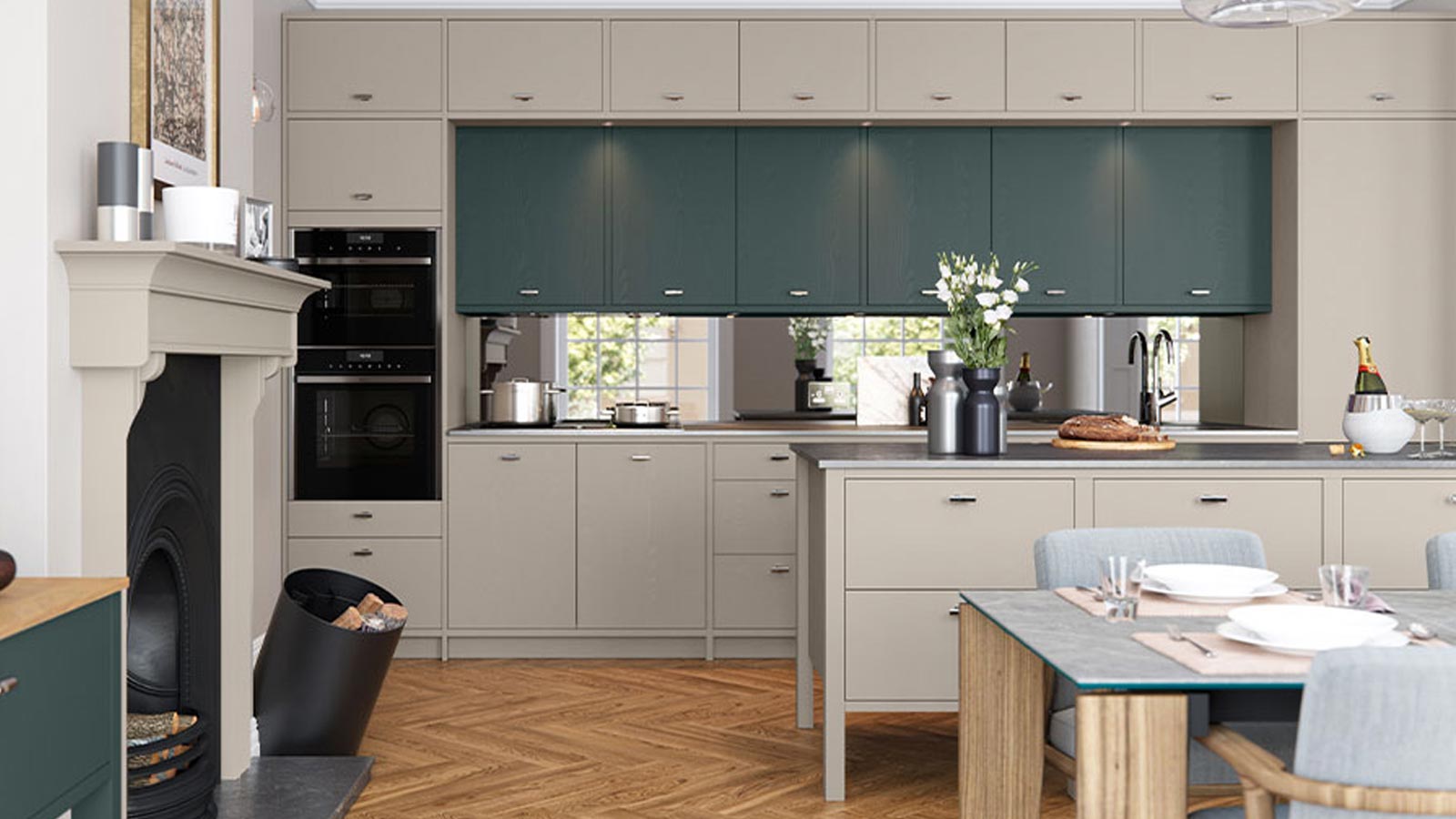 A grained painted modern Oxwich kitchen in grey and new forest green