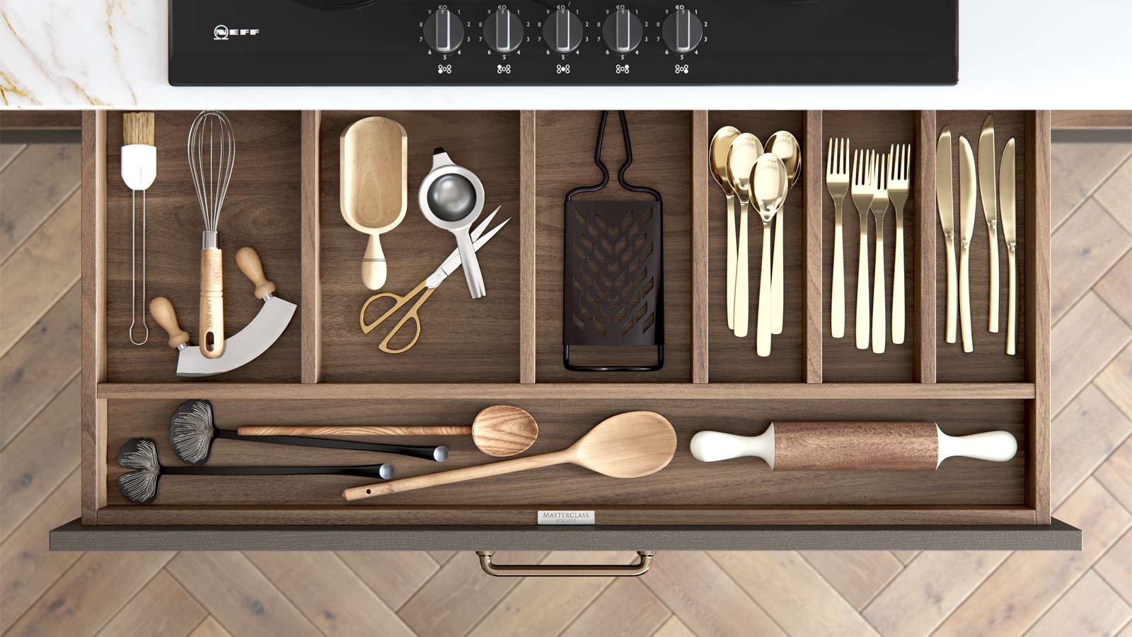 A minimalist Tuscan Walnut wood-effect kitchen drawer