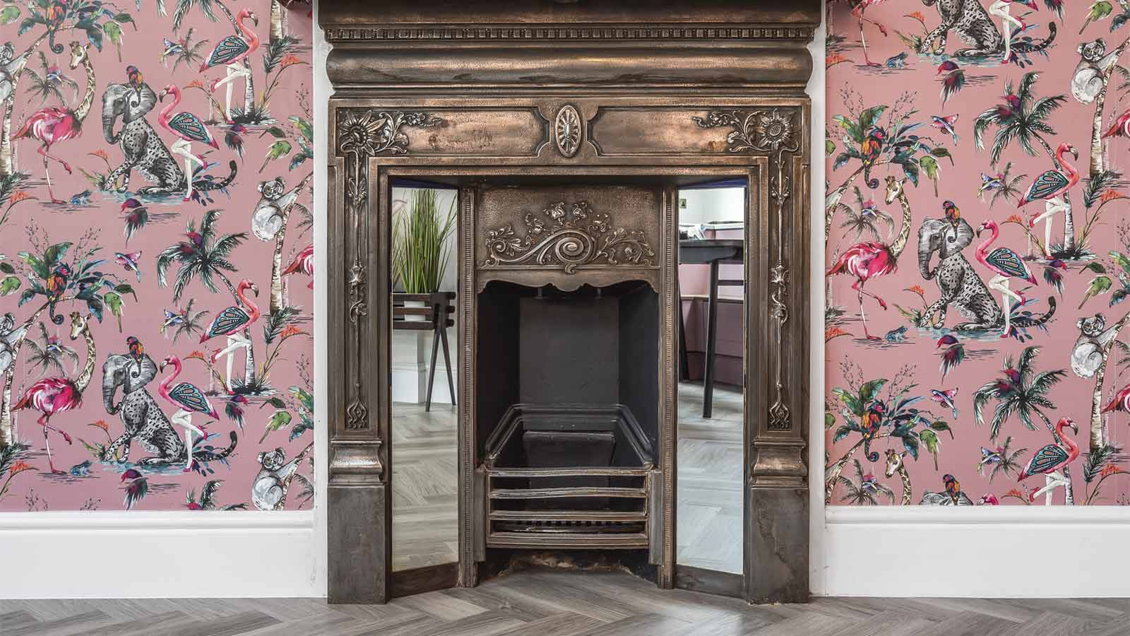 A kitsch-style wall with an ornate fireplace