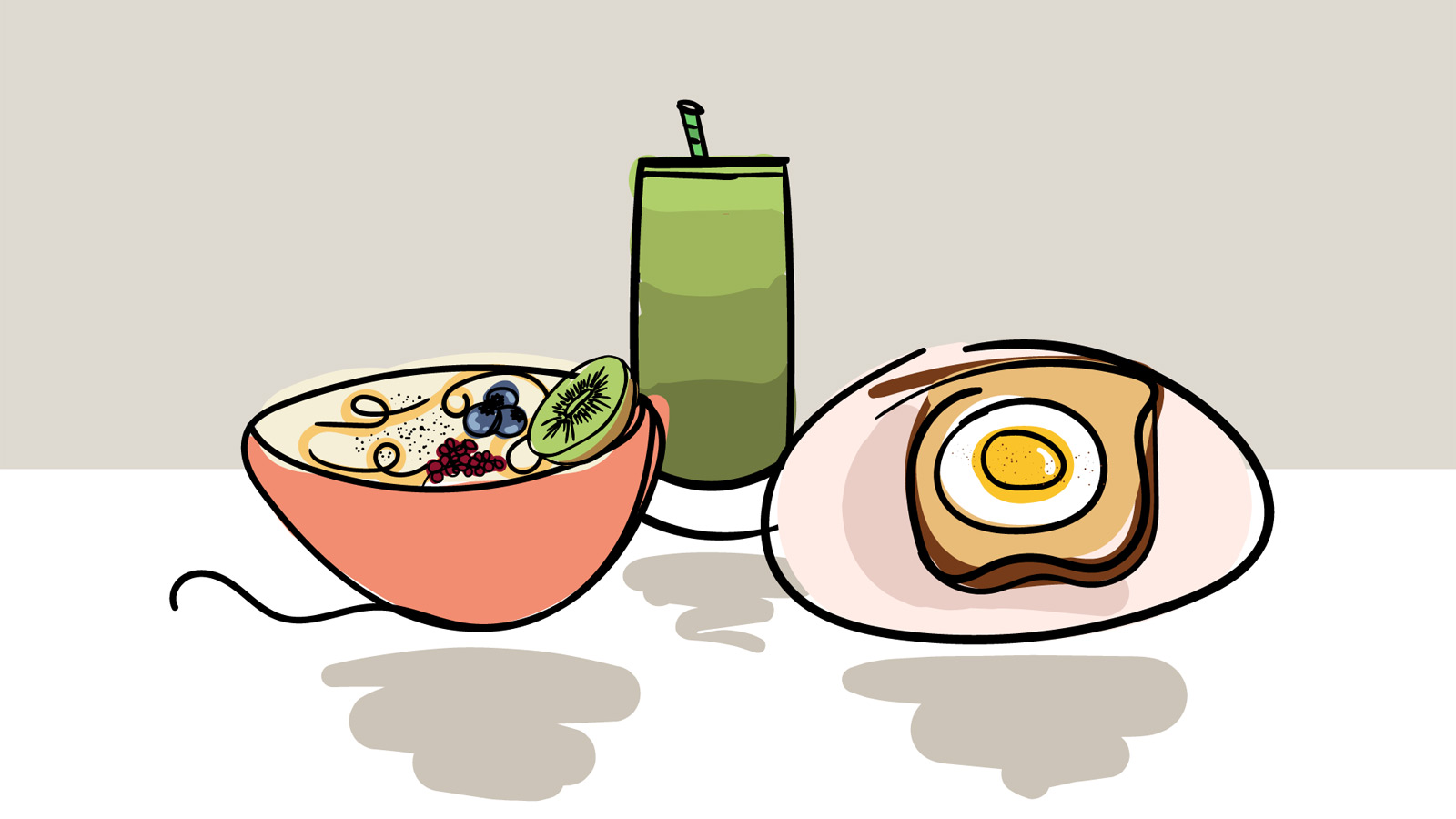 A cartoon of a summer porridge, a green smoothie and an egg on toast