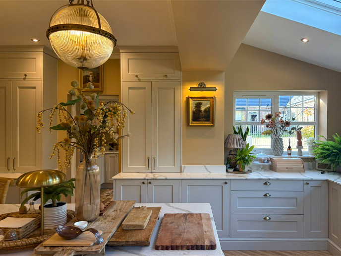 A traditional Mediterranean kitchen with chopping boards and plants