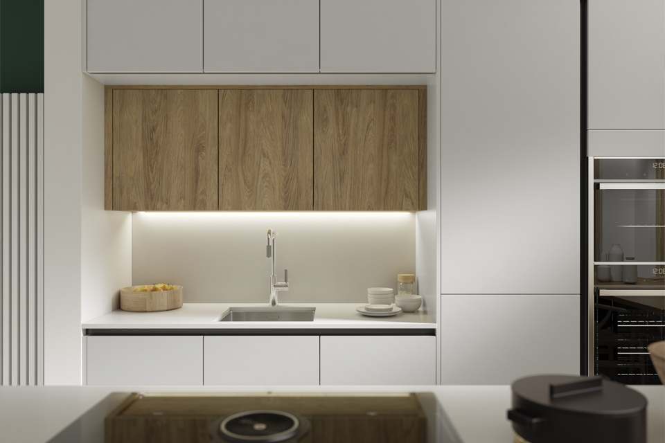A small minimalist kitchen design with modern handleless kitchen doors