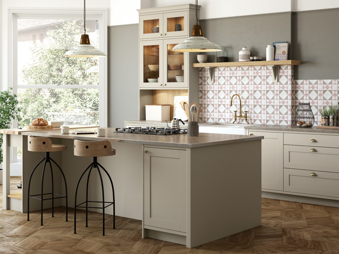A mushroom in-frame kitchen with a neutral colour palette