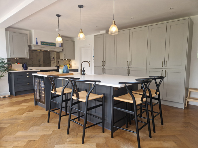 A mushroom kitchen with a large kitchen island