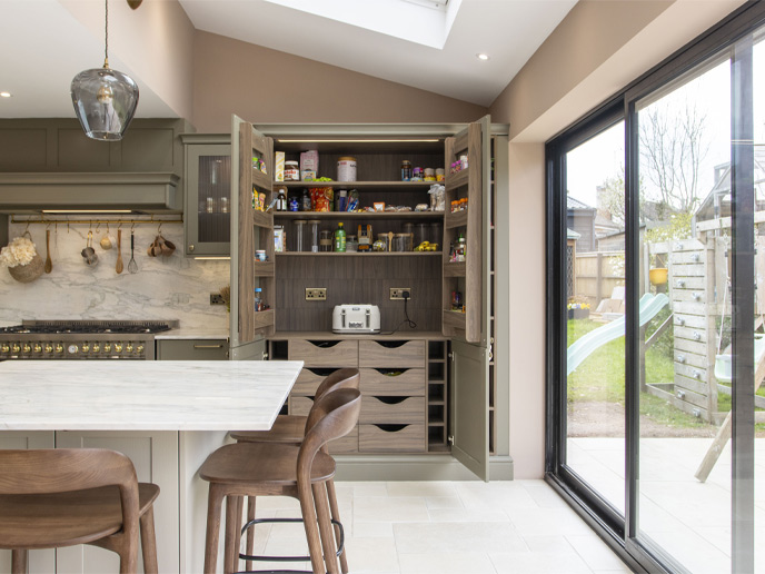 A mushroom colour kitchen showcasing a Butler’s pantry