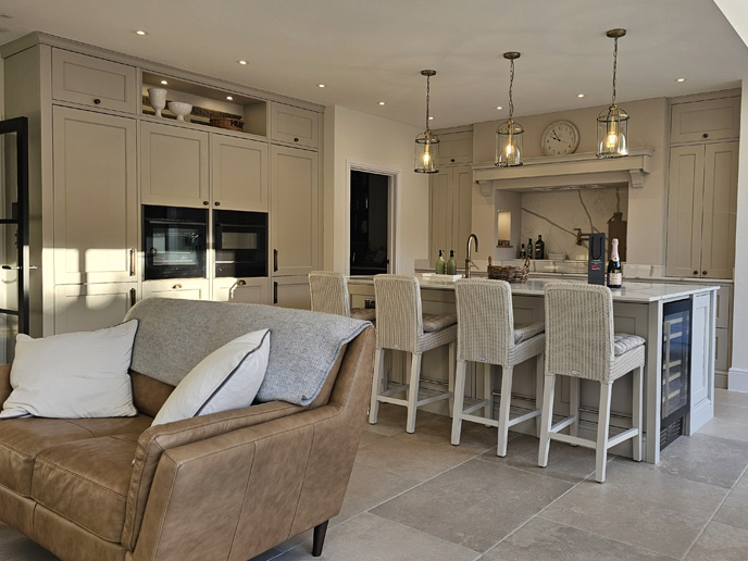 A mushroom kitchen with soft lighting and wicker chairs