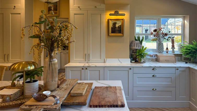 A natural earthy kitchen full of maximalist accessories