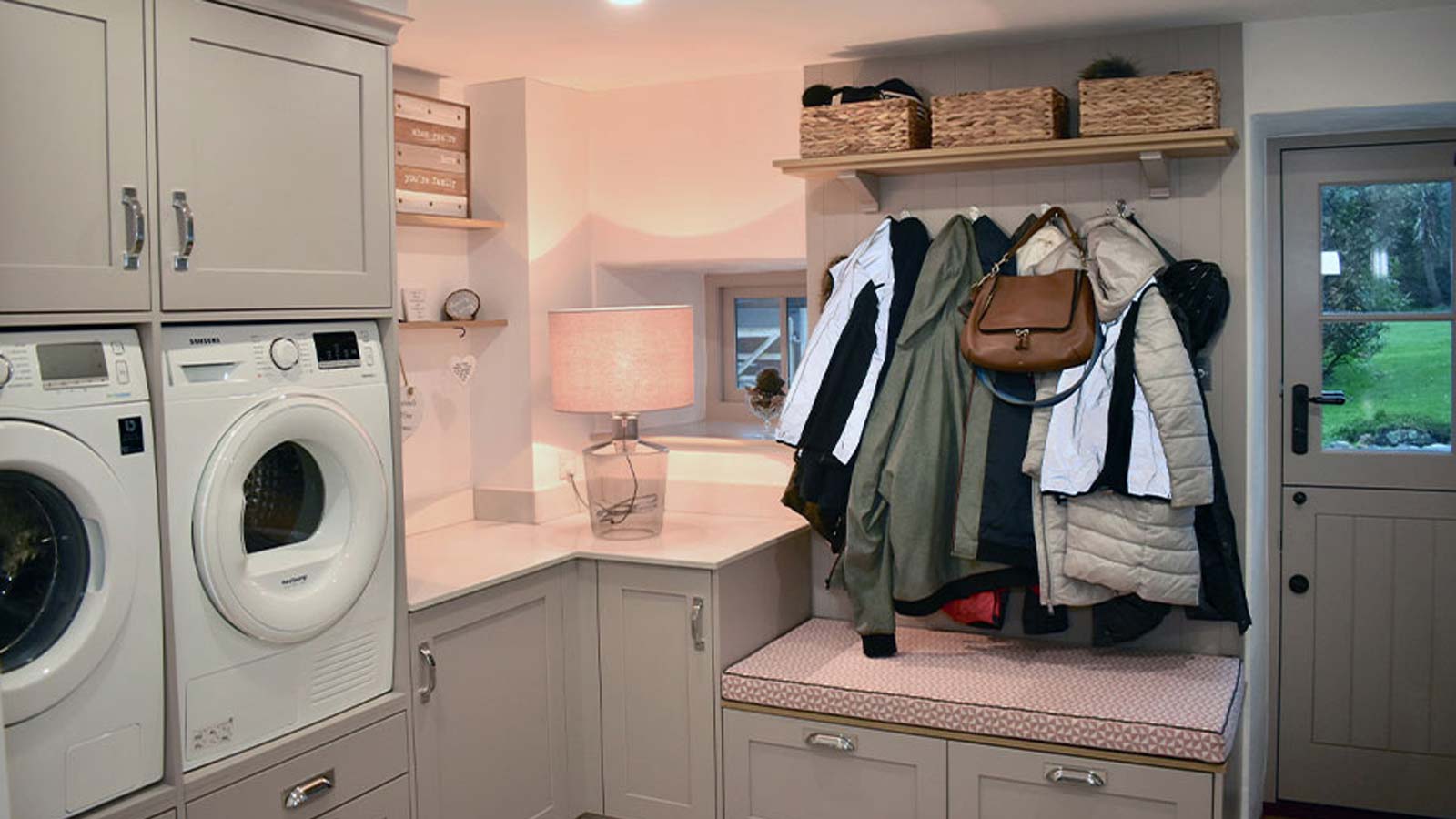 Utility boot room with grey cabinets