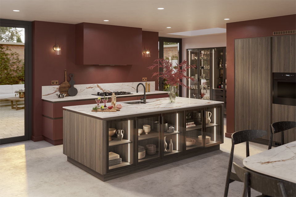 A dark red kitchen with black and red kitchen features