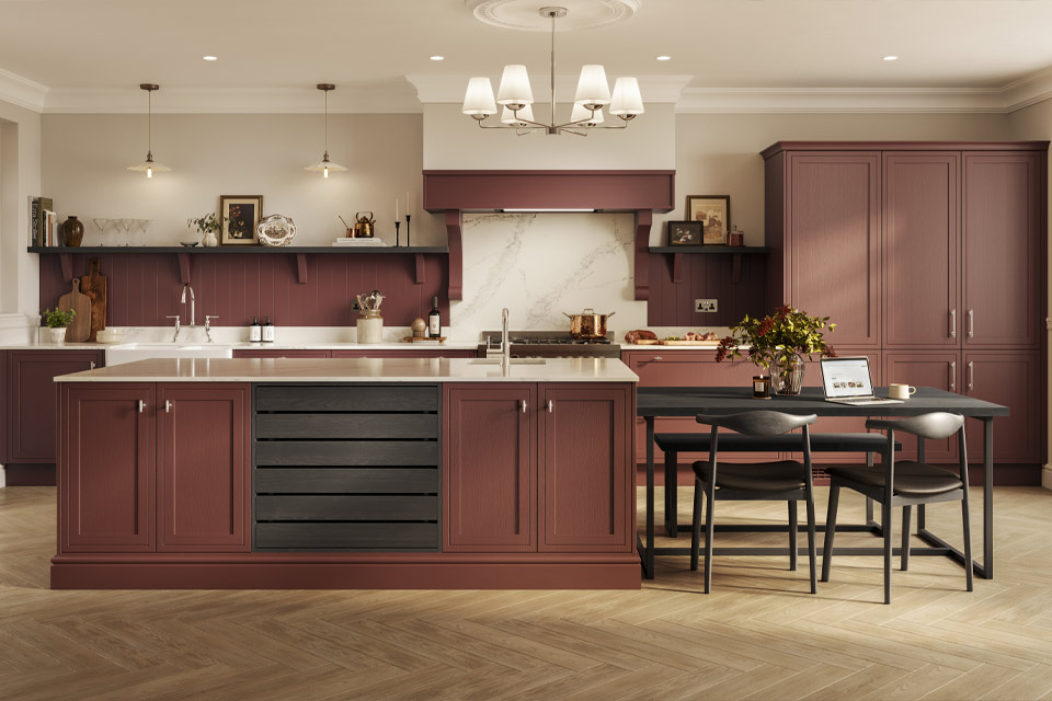A red kitchen with burgundy kitchen cabinets