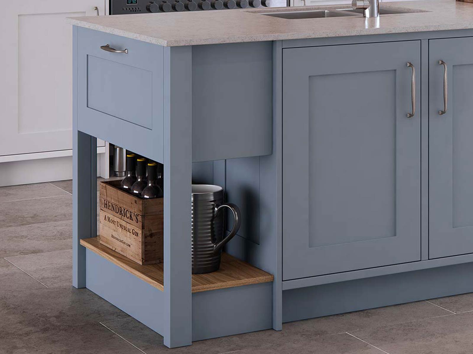 A powder blue kitchen range and chef’s table with Portland Oak shelving