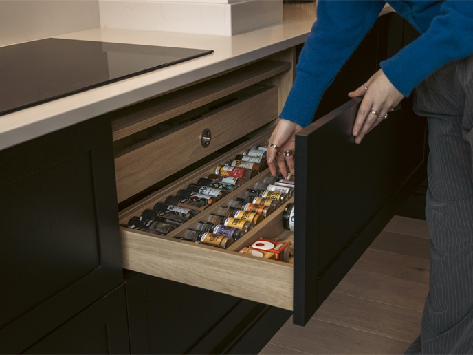 A drawer for spices with a large spice rack capacity