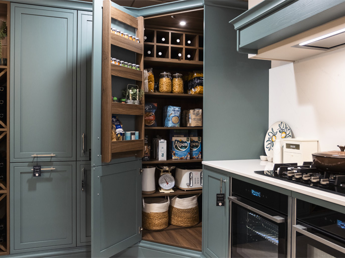 A seasoning rack showcased on a corner pantry door