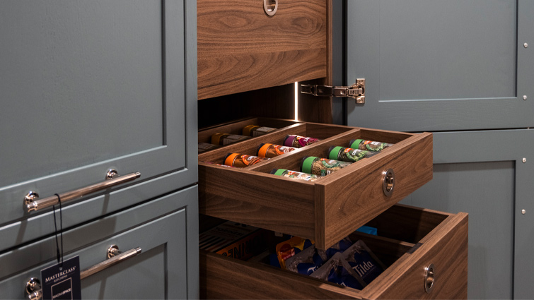 Small spice rack internal drawers hidden in a spice cabinet larder